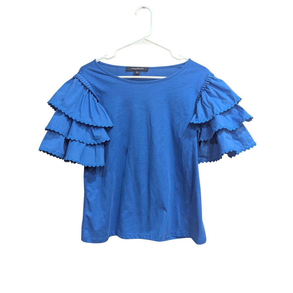 Pretty royal blue crew neck blouse w/tiered ruffle sleeves by Marc New York, L
